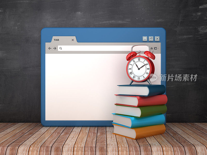 Web浏览器与书籍和时钟在黑板背景- 3D渲染